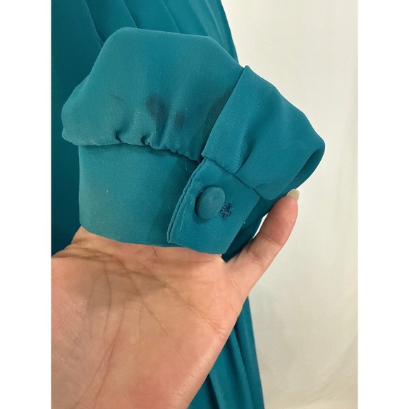 Vintage C&R Teal Blue Pleated Bodice Secretary Dress 80s Long Sleeve, 40 bust, L - Picture 7 of 13